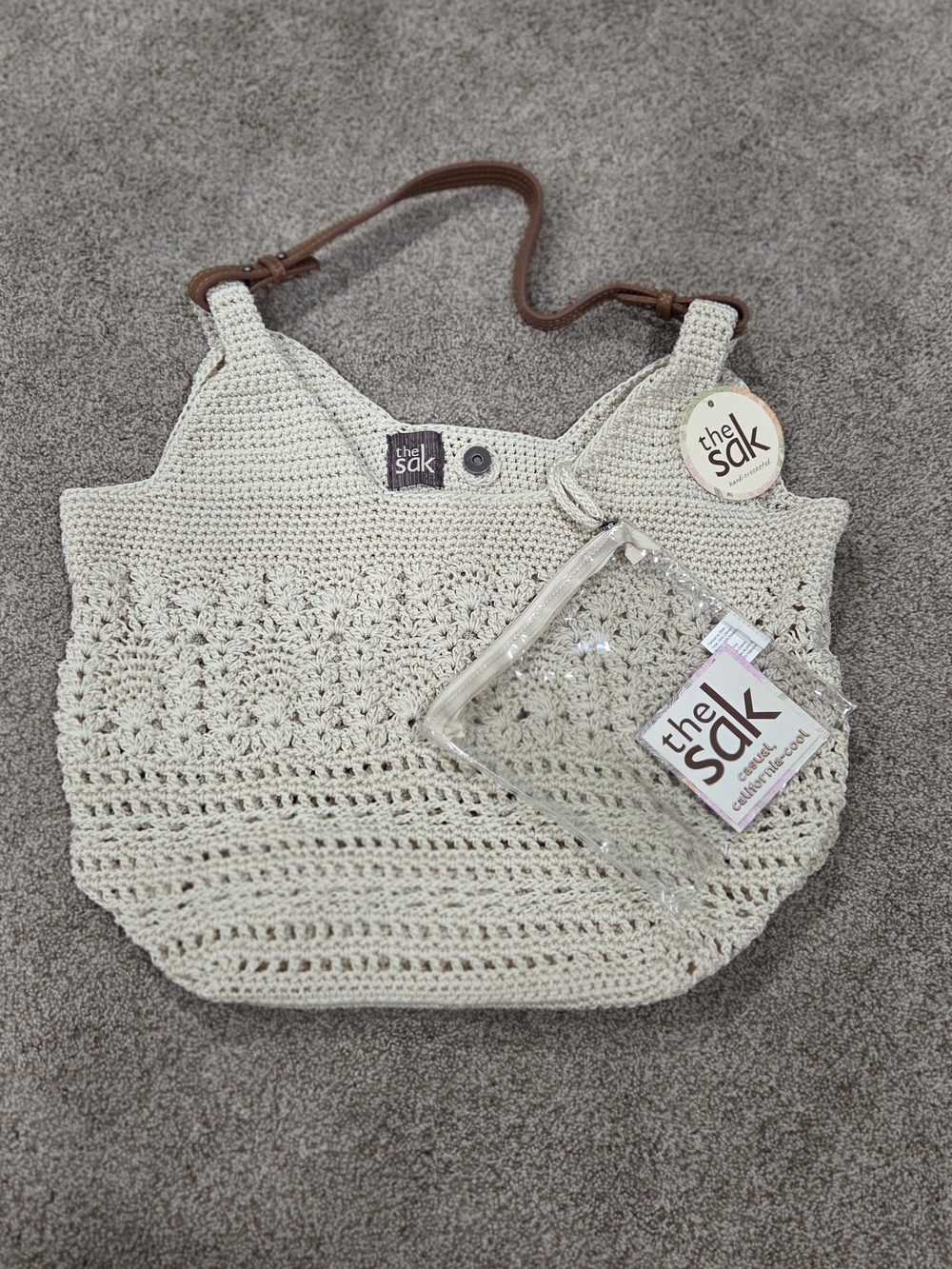 The Sak McClaren Cream Crochet Shoulder Bag with Brown Leather Strap - Picture 3 of 6